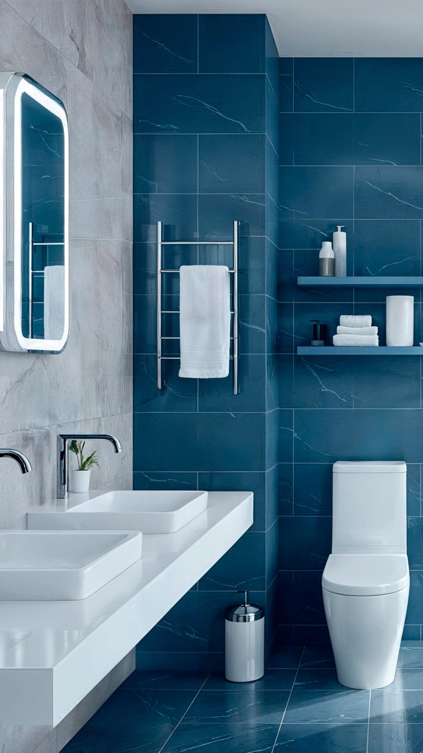 modern bathroom with blue tile glass shower